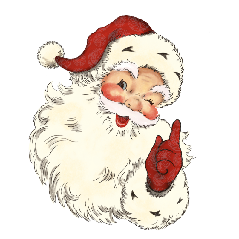 Vintage Santa winking and raising a gloved hand, fluffy white beard, red hat, Grey Barn Handwerk, Saskatchewan.